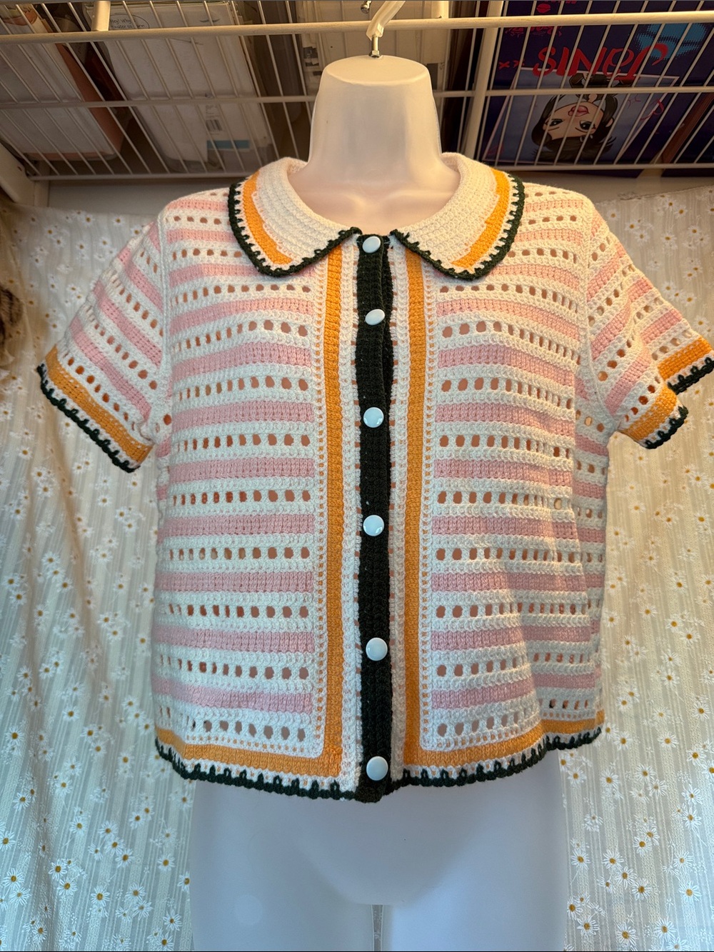 SHEIN Cream, Pink & Orange Cropped Crochet Cardigan